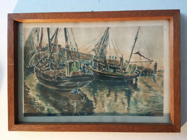 1942 M Bruker watercolour of fishing boats and harbour signed and dated lower right - Image 2 of 10