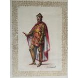 19thC Coloured engraving of a medieval knight, inscribed "Warwick" & verso c.1830s fashion plates