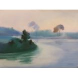 Pastel of a lake landscape, signed lower right (indistinct), on paper. 43 x 30.5 cm