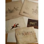 Quantity of five early-mid 19thC horse racing works, 3 watercolour paintings & two prints.