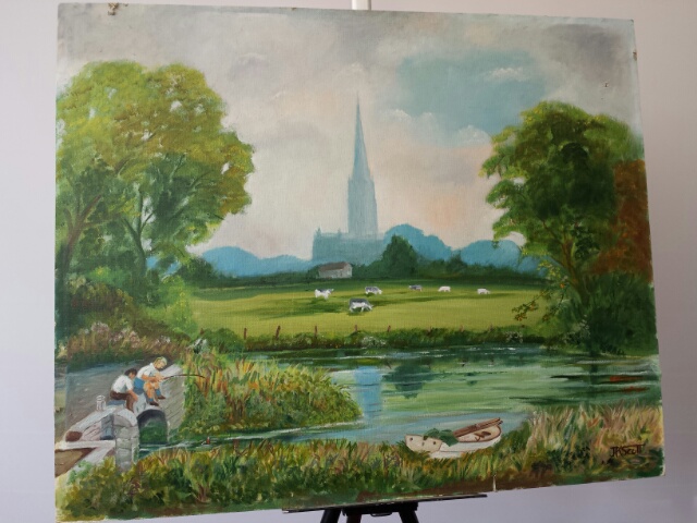 English school 20thC oil on board of two boys fishing in a rural backdrop. 55.5 x 45 cm Signed - Image 12 of 12