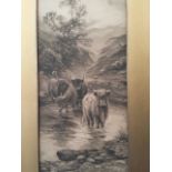 Large lithograph Ernest Walbourn (1872-1927) mount 41 x 80 cm), highlands cattle and a man fishing