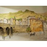 English school 20thC large watercolour & gouache 61 x 44 cm, Bath Bridge