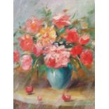 English school oil on canvas, 20thC unstretched, unsigned, roses in a blue vase 30 x 40.5 cm