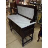 French early 20th century oak and marble washstand, single large cupboard under with metal