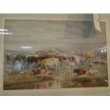 English School, 19th C, pastoral landscape with cattle, watercolour, framed and glazed, 26x40cm