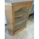 Vintage glazed pine wall-hanging corner cupboard, 3 interior shelves, glazed door with metal knob,