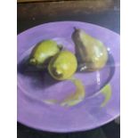 Kathy Webster, contemporary, initialled. Lemons on a Plate, acrylic on board 44.5 x 40 cm (frame