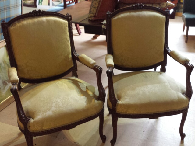 Pair of Louis XV French chairs, later reproductions but still with some age. Recovered in the latter