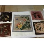 Collection of 5 mid-late 20th century sculpted silk wall hangings /samples, with original Shanghai