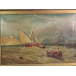 M. Holden (British 19th/20th century) signed, figures in boats with distant coastline, oil on