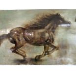 Contemporary painting, equine interest of a horse in full gallop, with lacquered glaze, signature "