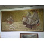 French School, mid 20thC, indistinctly signed, naval engagement scene, oil on panel, 77.5 x 161 cm