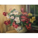 French School, early 20th century, still life of flowers in a room, oil on canvas