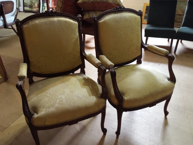 Pair of Louis XV French chairs, later reproductions but still with some age. Re-covered in the - Image 21 of 26