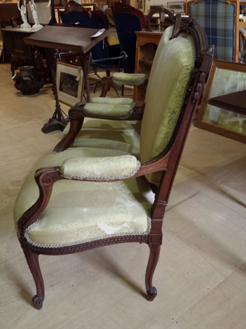 Pair of Louis XV French chairs, later reproductions but still with some age. Re-covered in the - Image 7 of 26