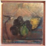 French school, 20th century, indistinctly signed and titled verso, abstract still life of fruit, oil