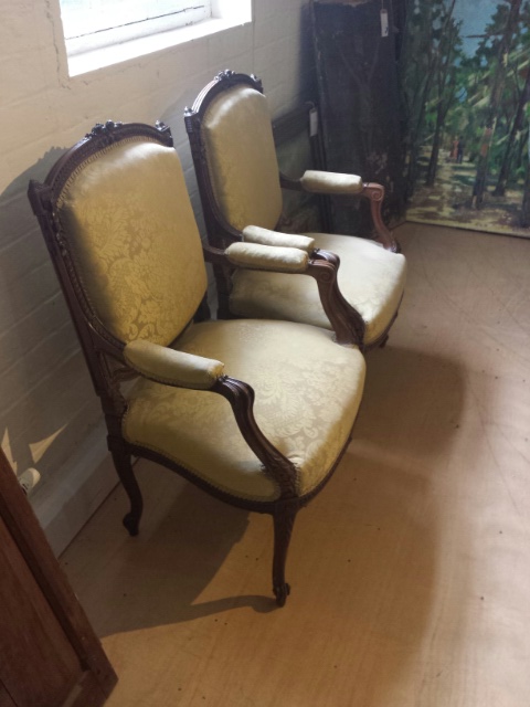 Pair of Louis XV French chairs, later reproductions but still with some age. Re-covered in the - Image 22 of 26