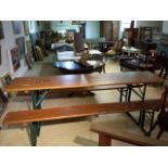 Bier Keller type garden table with two benches (all folding), German inscription. Seats 8-10