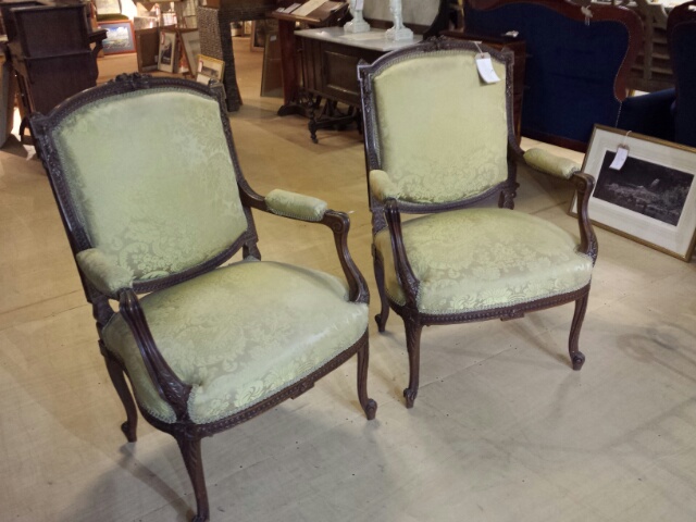 Pair of Louis XV French chairs, later reproductions but still with some age. Re-covered in the - Image 23 of 26