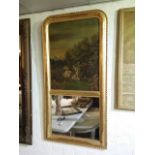 Antique French trumeau mirror with oil painting on canvas of a hunter protecting his horse