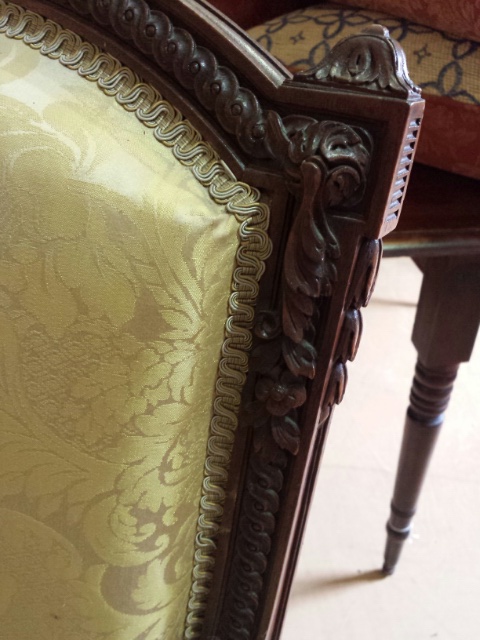 Pair of Louis XV French chairs, later reproductions but still with some age. Re-covered in the - Image 4 of 26