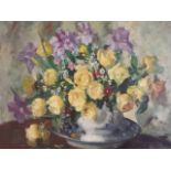 Continental School early 20thC oil on canvas of yellow roses. Signed indistinctly 73 x 59.5 cm