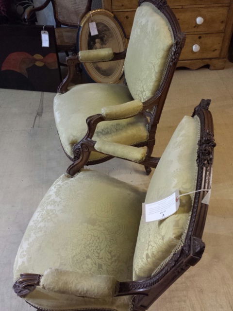 Pair of Louis XV French chairs, later reproductions but still with some age. Re-covered in the - Image 25 of 26