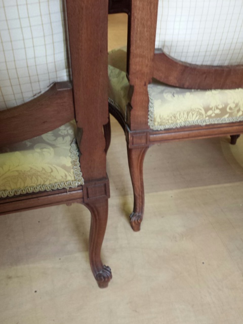Pair of Louis XV French chairs, later reproductions but still with some age. Re-covered in the - Image 13 of 26