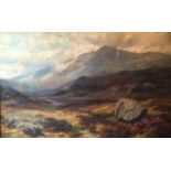 James Henry Crossland (1852-1939) signed, extensive highland landscape with loch, oil on canvas 76cm