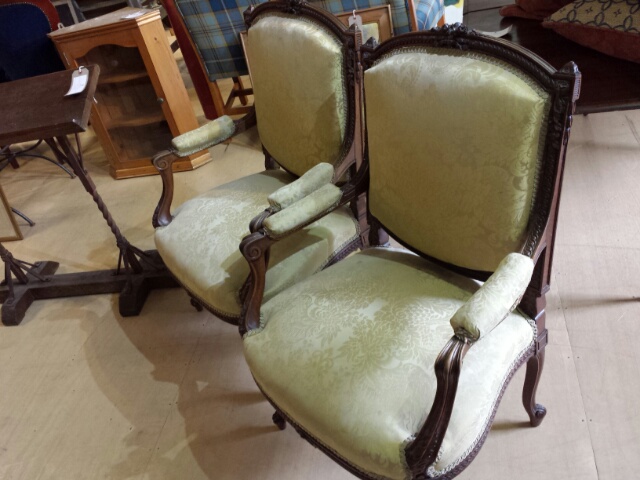 Pair of Louis XV French chairs, later reproductions but still with some age. Re-covered in the - Image 18 of 26