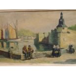 French School, initialed "WK" and dated 1947. Brittany Fishermen in Port, oil on panel, 60 x 100 cm