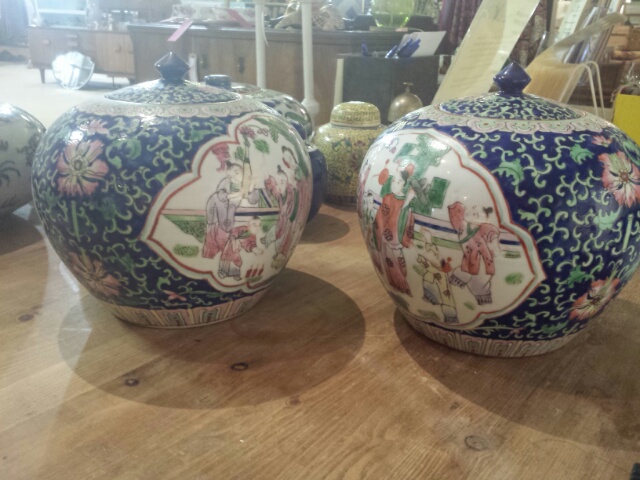 Pair of large 19thC Chinese ginger jars, lidded, bulbous form, Famille Rose on blue enamel. Tongzhi