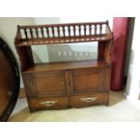Edwardian mahogany wall cupboard, doors with original wood pulls, with 2 drawers, gallery top.