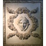 Large plaster relief classical female within ornate scrolled moulded frame. 140cm x 120cm.