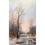 Continental School, 19th century, indistinctly signed, winter woodland scene, oil on canvas