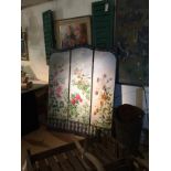 Decorative French screen comprised of three large sections of oil on canvas, garden scenes.