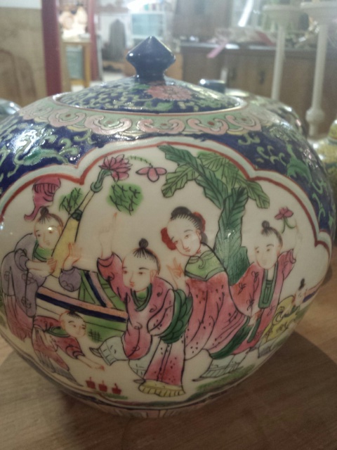 Pair of large 19thC Chinese ginger jars, lidded, bulbous form, Famille Rose on blue enamel. Tongzhi - Image 4 of 24