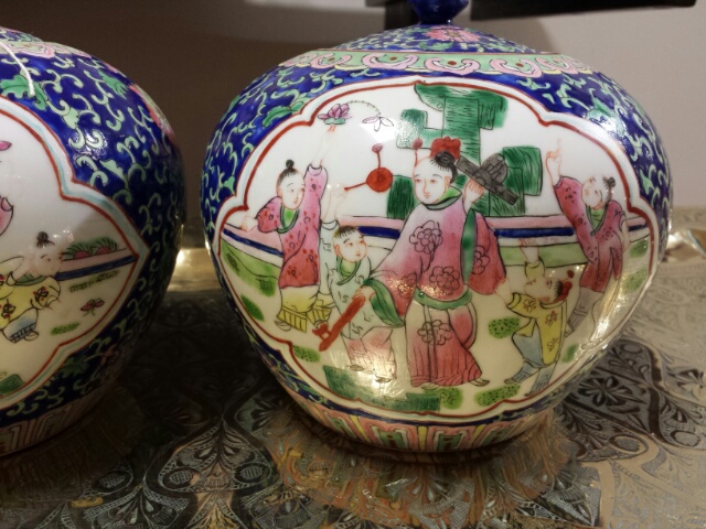 Pair of large 19thC Chinese ginger jars, lidded, bulbous form, Famille Rose on blue enamel. Tongzhi - Image 14 of 24