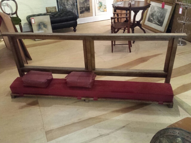 Prayer /kneeling bench, ecclesiastical item, oak with claret pad and two kneeling cushions. 214 cm.