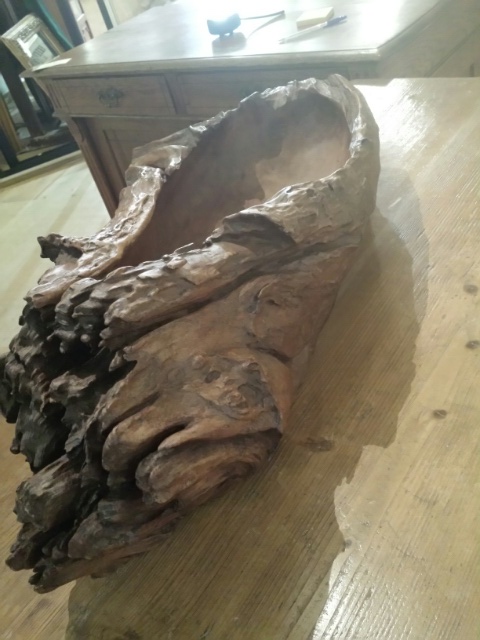Treen. Carved wooden tree section, possibly elm, hollowed as a bowl c. 73 cm long overall