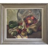 Dominique Pinelli (1914-1997), signed, still life of apples and objects on a table, oil on canvas