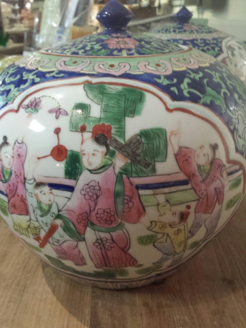 Pair of large 19thC Chinese ginger jars, lidded, bulbous form, Famille Rose on blue enamel. Tongzhi - Image 5 of 24