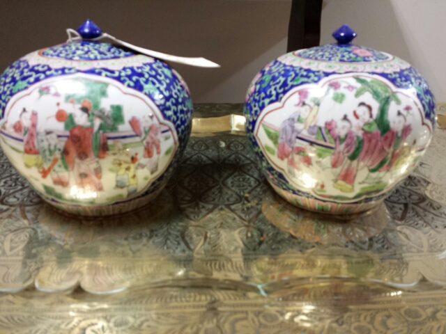 Pair of large 19thC Chinese ginger jars, lidded, bulbous form, Famille Rose on blue enamel. Tongzhi - Image 9 of 24