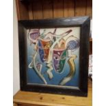 Theatrical masks painting on silk set in wooden frame. 43 x 46.5 cm (frame 57 x 60.5 cm.