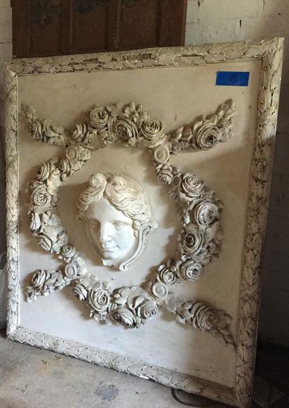 Large plaster relief classical female within ornate scrolled moulded frame. 140cm x 120cm. - Image 5 of 8