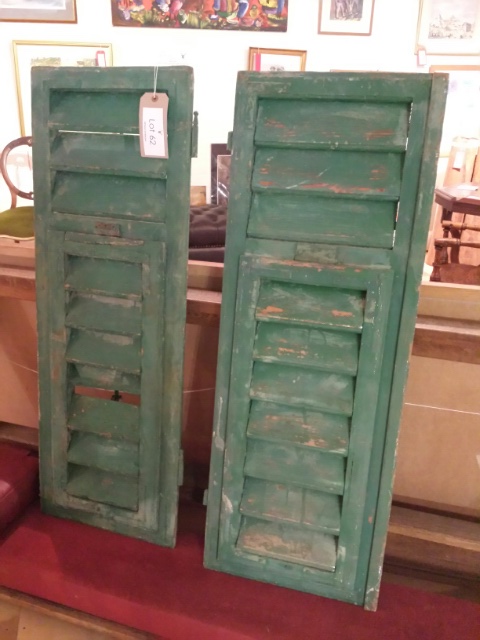 Rustic French wooden shutters, painted (turquoise) 37.5 cm wide 133.5 cm high