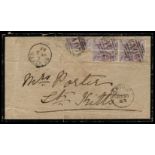 1883 Mourning cover to St Kitts, 2½d rate paid by block of five 1882-83 ½d on half 1d lilac (SG