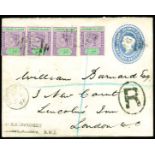 1892 June 2, Leeward Islands 2½d light blue stationery envelope, size 'a' (H&G 2), uprated Leeward