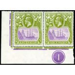 1924-33 5d purple and olive-green, lower left horizontal corner pair, pos. 1 showing "Cleft Rock"